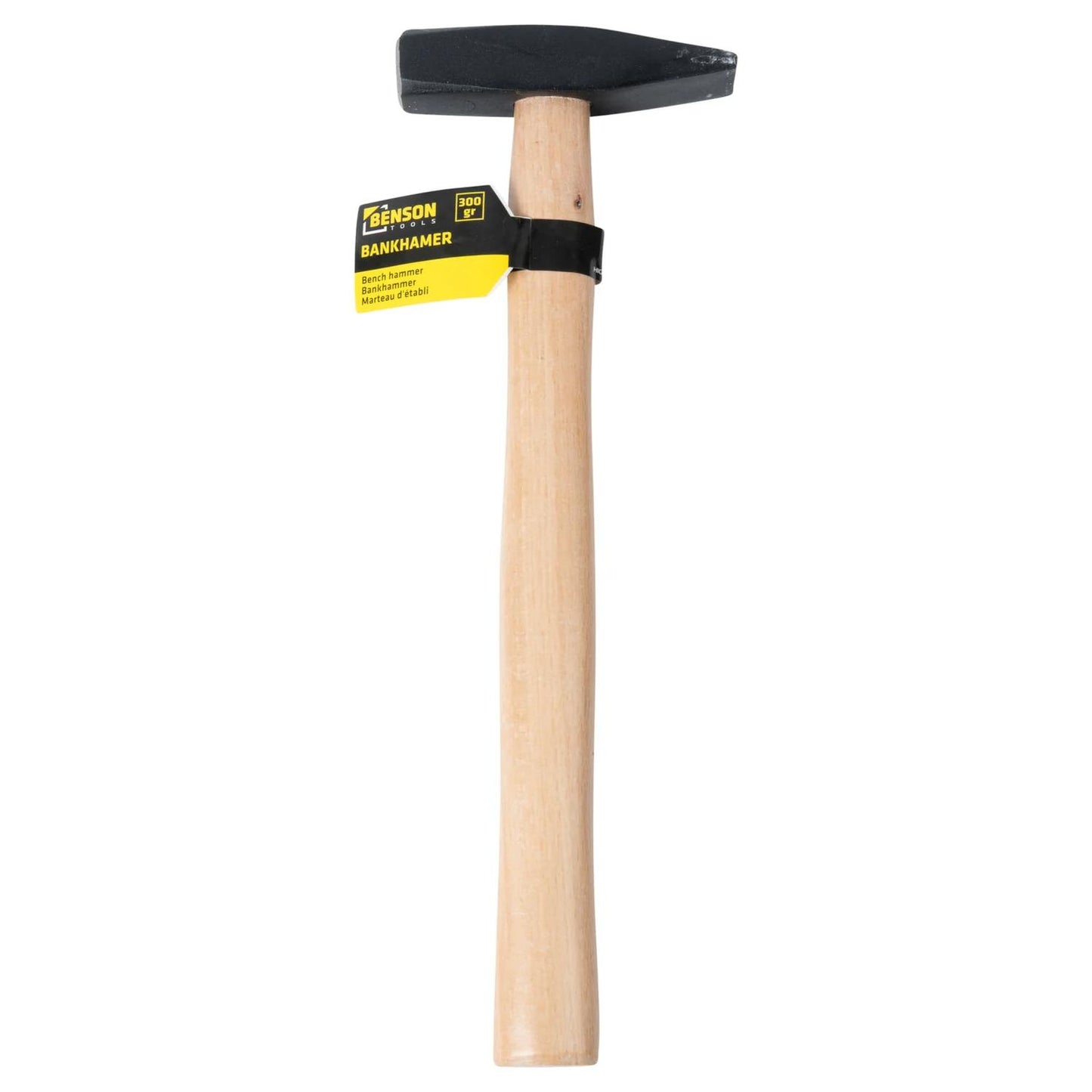 Bankhammer mit Holzstiel und schwarzem Kopf, senkrecht dargestellt mit gelb-schwarzem Etikett an der Befestigung.