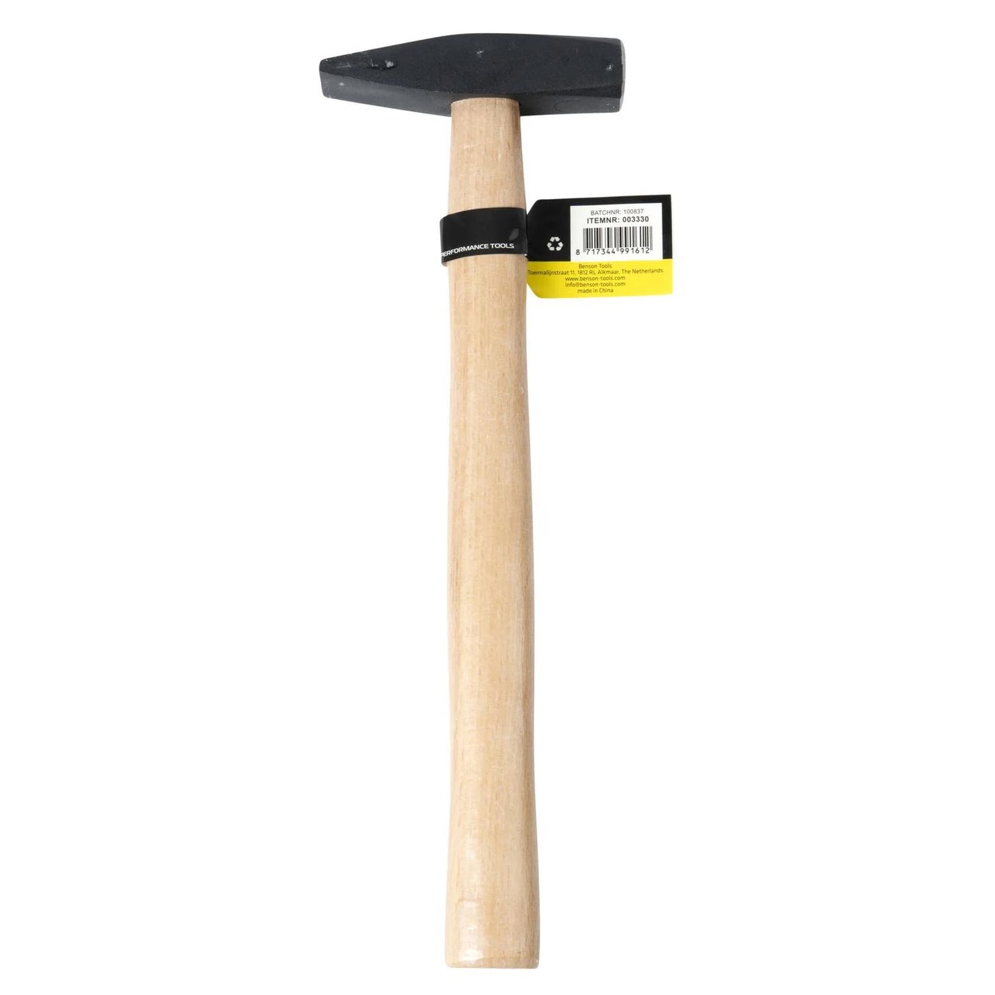 Rückansicht des Bankhammers mit Holzstiel und schwarzem Kopf, Etikett auf der Rückseite sichtbar.