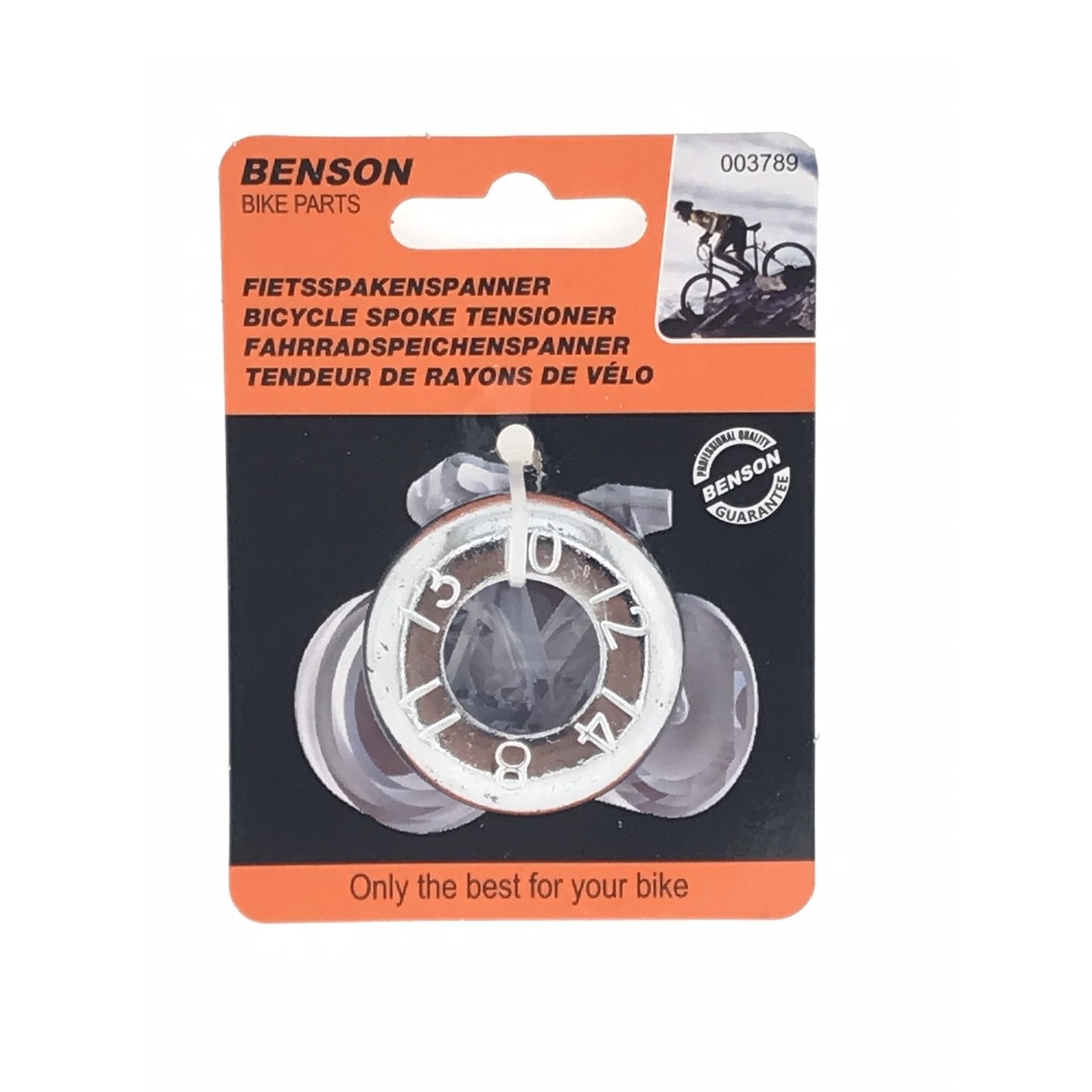 Silberfarbenes, rundes Metallwerkzeug in Blisterverpackung auf orange-schwarzem Karton mit Aufhängelasche, mehrsprachiger Produktbezeichnung und grafischen Elementen.