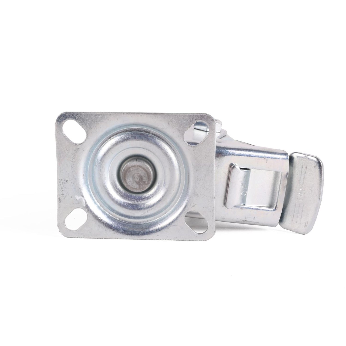 Die Lenkrolle ist von oben fotografiert und liegt auf weißem Hintergrund. Sichtbar ist die viereckige Montageplatte mit vier abgerundeten Montagelöchern. An der Seite ragt das silberne Bremspedal hervor