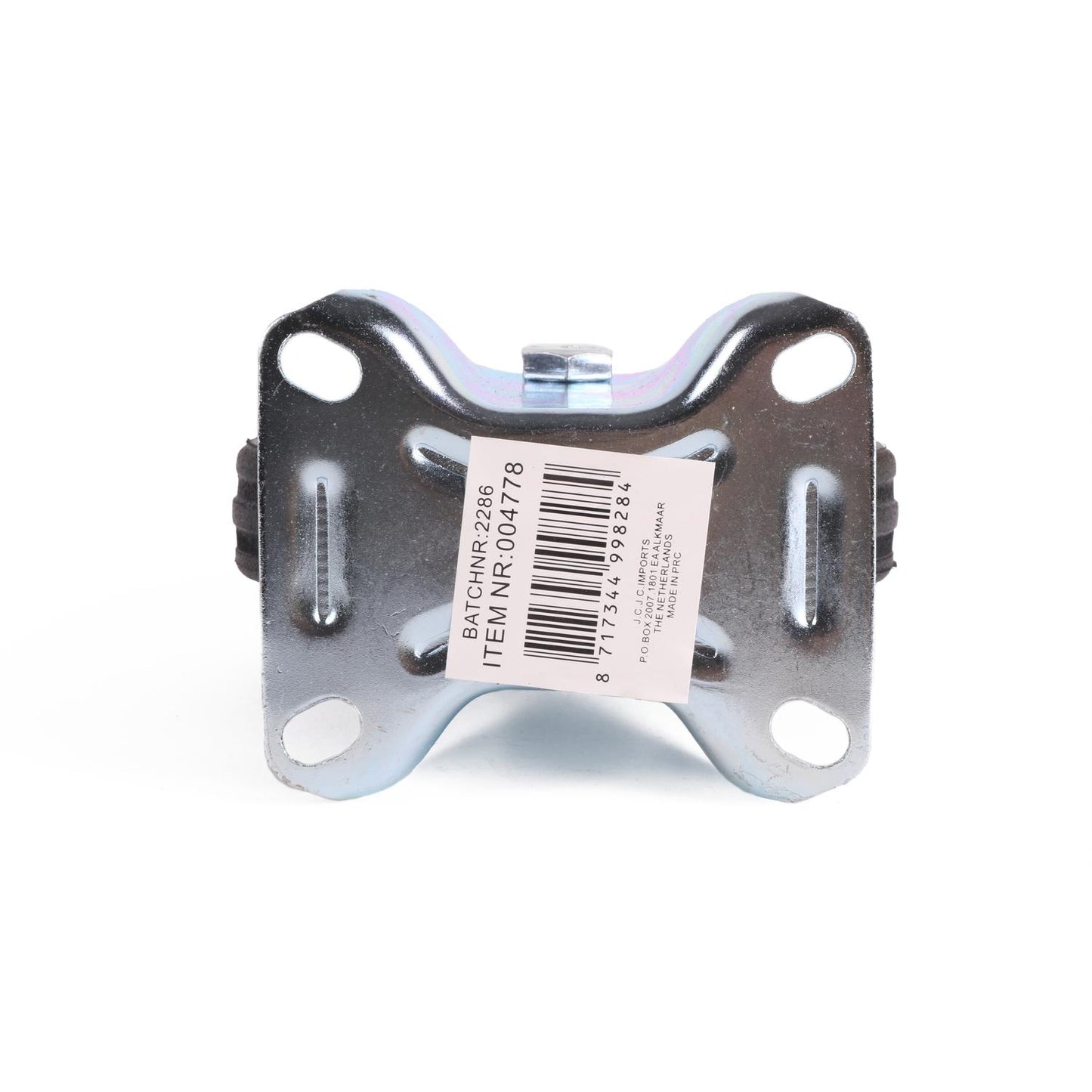 Unterseite der Transportrolle mit vier Montagelöchern und aufgeklebtem Barcode-Etikett mit Artikelnummer