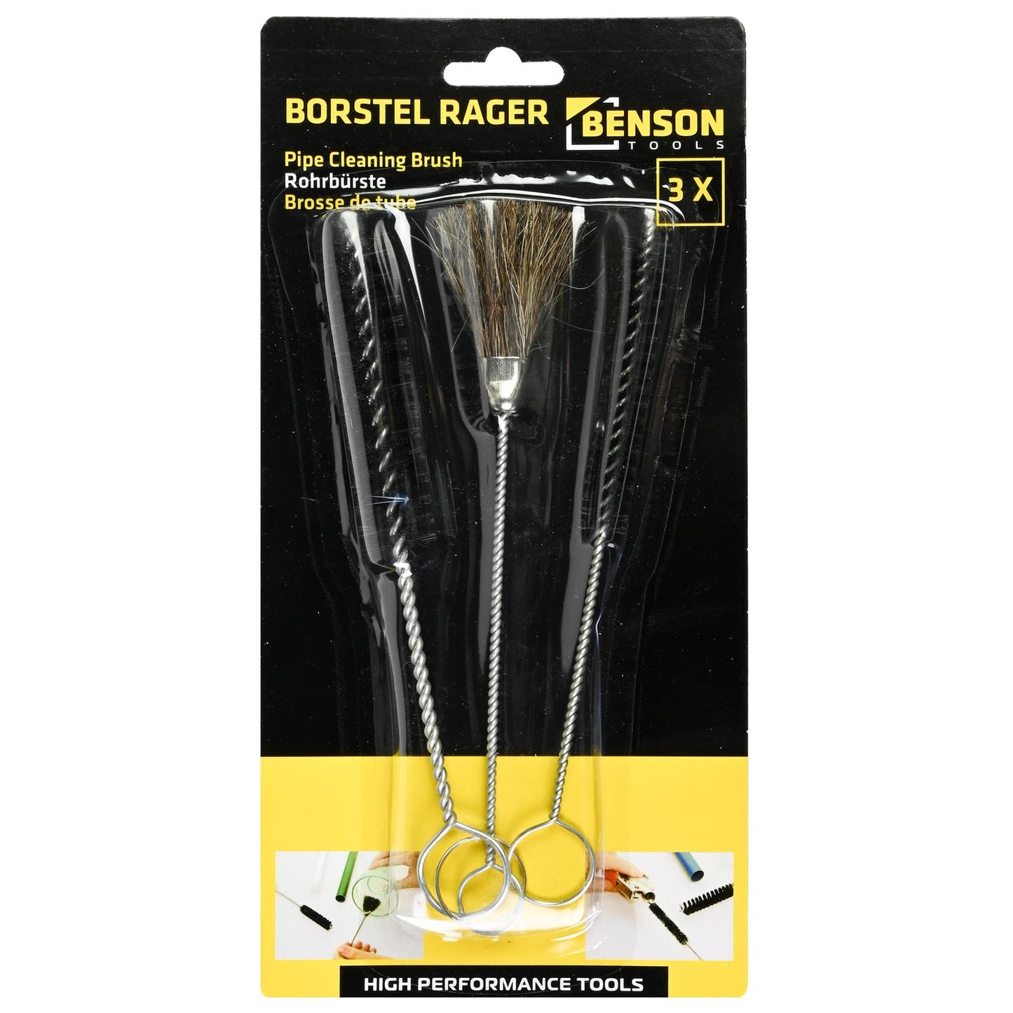 Drei Rohrbürsten mit ringförmigen Metallgriffen und gemeinsamem Schlüsselring, verpackt in einer schwarzen Blisterverpackung mit Sichtfenster. Oben ist das Markenlogo „BENSON TOOLS“ abgebildet sowie der Begriff „Rohrbürste“ in vier Sprachen (Niederländisch, Englisch, Deutsch, Französisch). Unten befindet sich ein gelber Streifen mit kleinen Anwendungsbildern