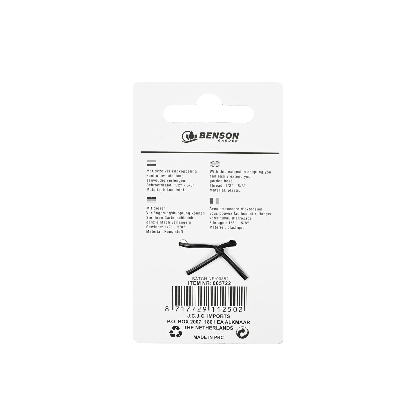 Rückseite der Produktverpackung mit weißem Hintergrund. Oben mittig befindet sich das Markenlogo „Benson Garden“, darunter eine viersprachige Beschreibung zur Anwendung der Schlauchkupplung. Im unteren Bereich sind ein Barcode, Herstellerangaben sowie ver