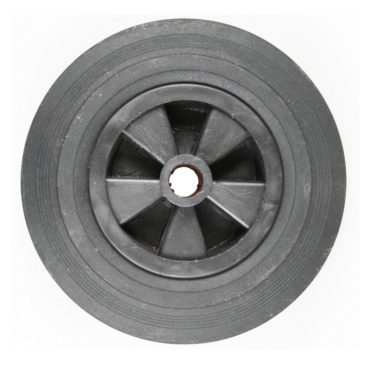 Schwarzes Kunststoffrad mit glatter Lauffläche und sechs Speichen, frontal von oben aufgenommen mit zentralem Loch in der Radnabe, freigestellt auf weißem Hintergrund