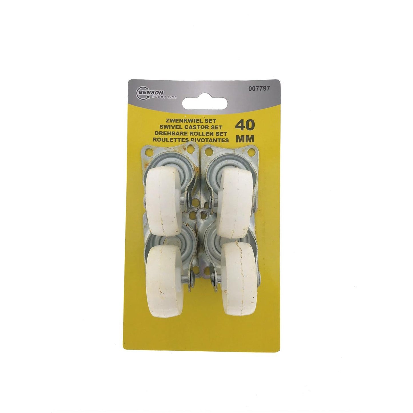 Gelbe Produktverpackung mit vier weißen Lenkrollen aus Kunststoff, jeweils montiert auf silberfarbenen Metallplatten. Die Rollen sind in zwei Reihen zu je zwei Stück angeordnet. Oben auf der Verpackung steht in schwarzer Schrift: „Zwenkwiel Set“, „Swivel Castor Set“, „Drehbare Rollen Set“, „Roulettes Pivotantes“ und rechts daneben „40 mm“. Weißer Hintergrund