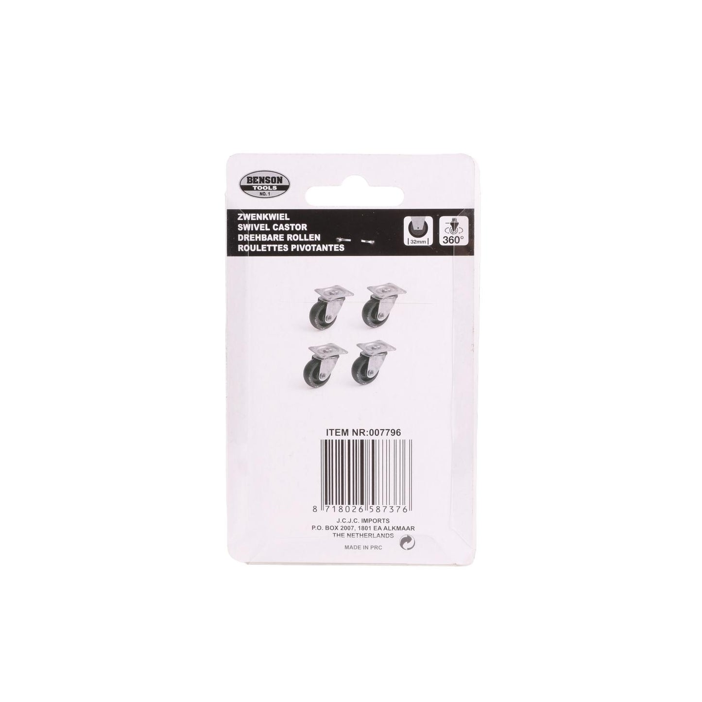 Rückseite der Verpackung mit weißem Hintergrund. Oben ein schwarzer Balken mit „BENSON TOOLS“, Produktname in vier Sprachen und zwei Piktogrammen: „32 mm“ mit Rollensymbol, „360°“ mit Drehsymbol. Darunter vier kleine Rollenabbildungen. Unten Artikelnummer „007796“, ein Barcode und Herstellerangaben