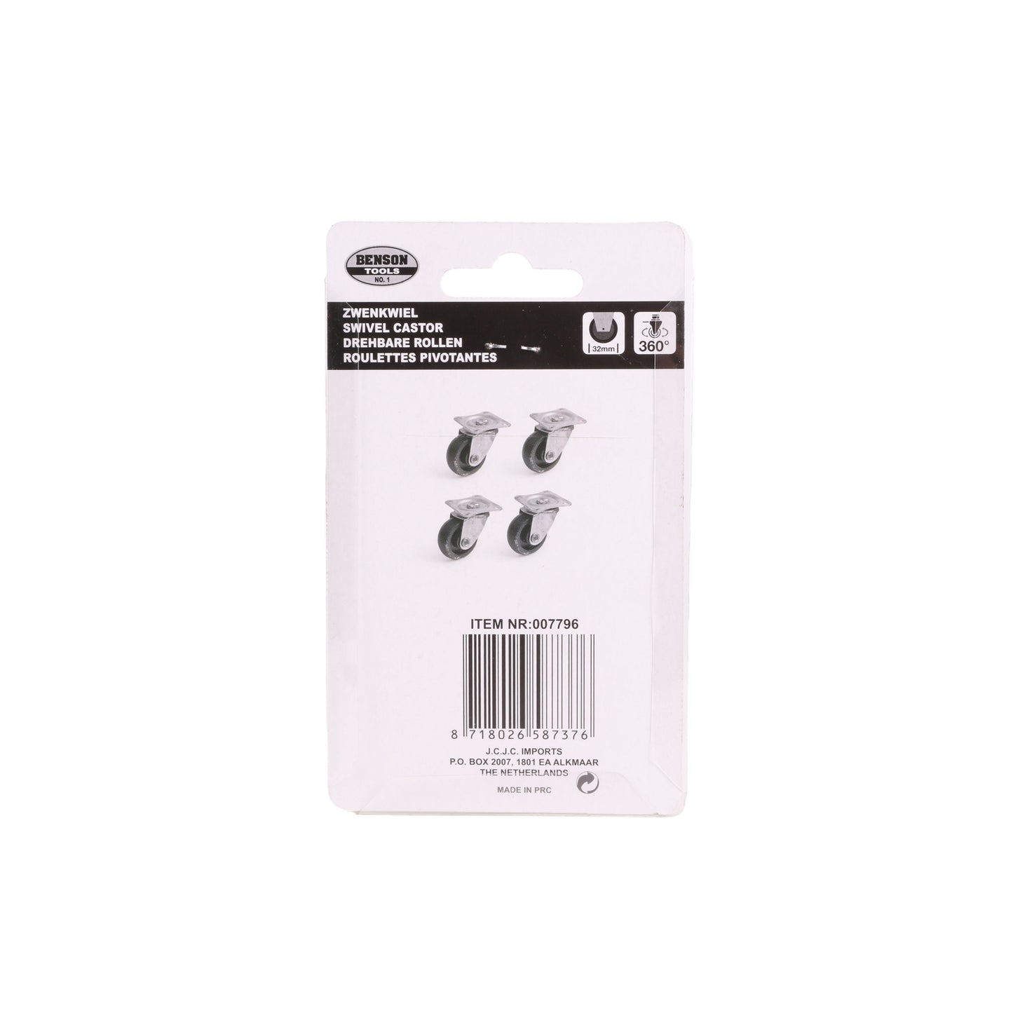 Rückseite der Verpackung mit weißem Hintergrund. Oben ein schwarzer Balken mit „BENSON TOOLS“, Produktname in vier Sprachen und zwei Piktogrammen: „32?mm“ mit Rollensymbol, „360°“ mit Drehsymbol. Darunter vier kleine Rollenabbildungen. Unten Artikelnummer