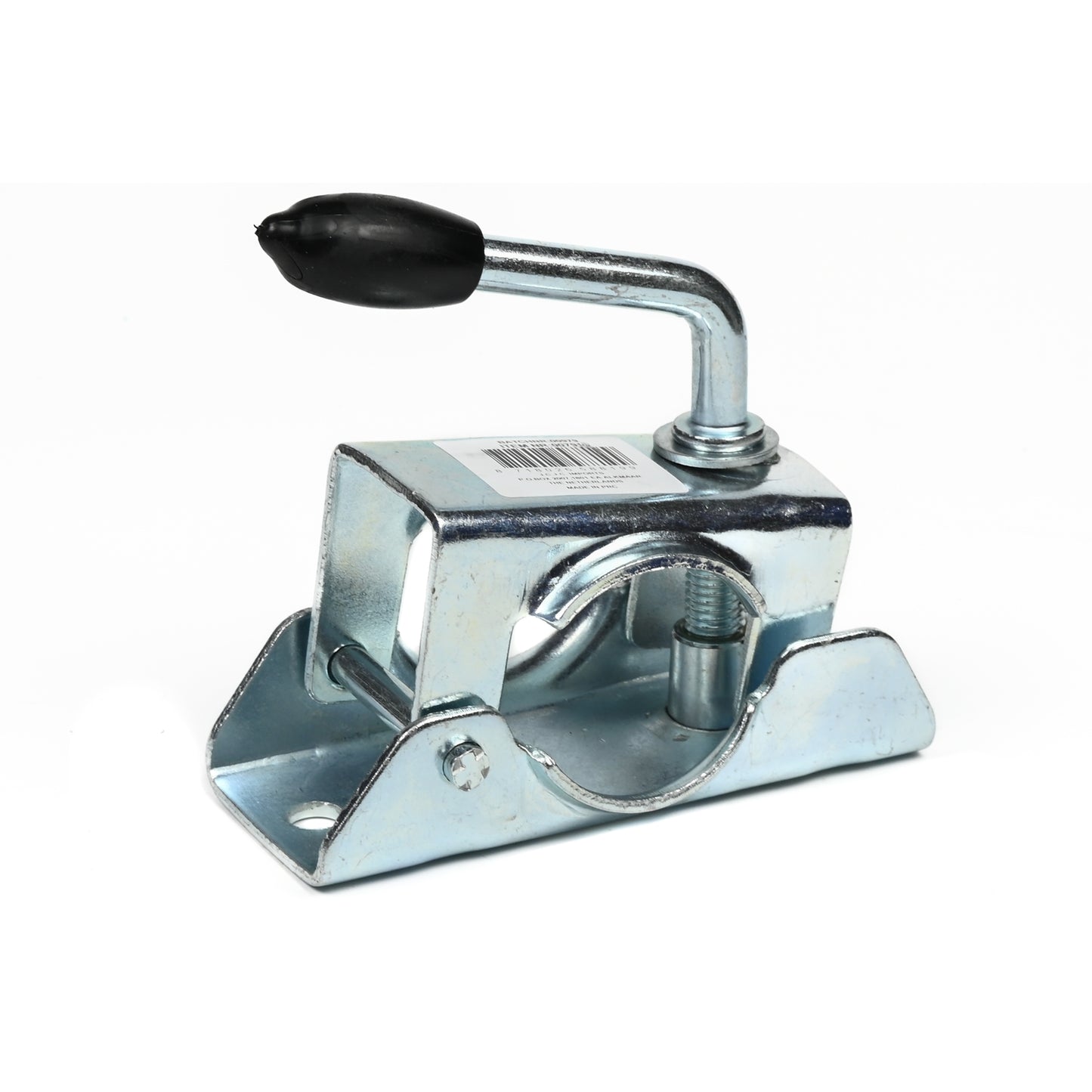 Rohrschelle aus Metall mit Gewindebolzen und Spannhebel mit schwarzer Griffkappe, leicht seitlich aufgenommen.