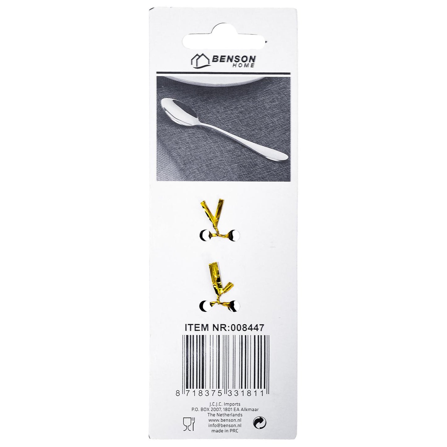 Rückseite der Verpackung für vier Teelöffel von Benson Home mit Produktabbildung eines Teelöffels, Artikelnummer 008447, Barcode und Herstellerangaben, freigestellt auf weißem Hintergrund.