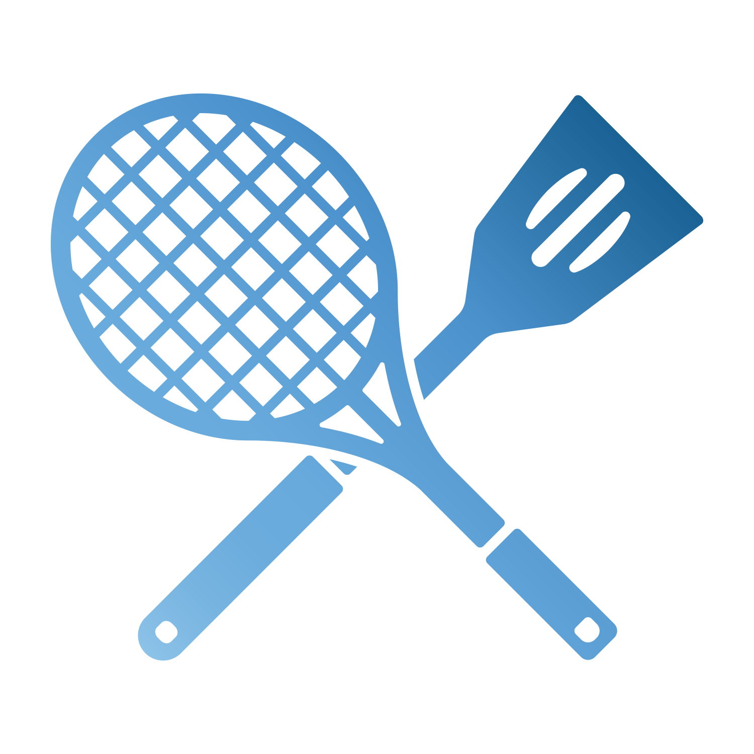 Symbolgrafik mit einem Tennisschläger und einem Kochwender mit Schlitzen, die sich überkreuzen; beide Objekte im Farbverlauf von hell- zu dunkelblau gestaltet.