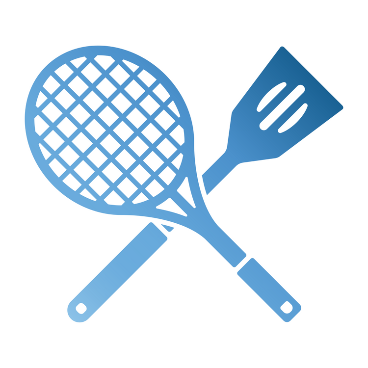 Symbolgrafik mit einem Tennisschläger und einem Kochwender mit Schlitzen, die sich überkreuzen; beide Objekte im Farbverlauf von hell- zu dunkelblau gestaltet.