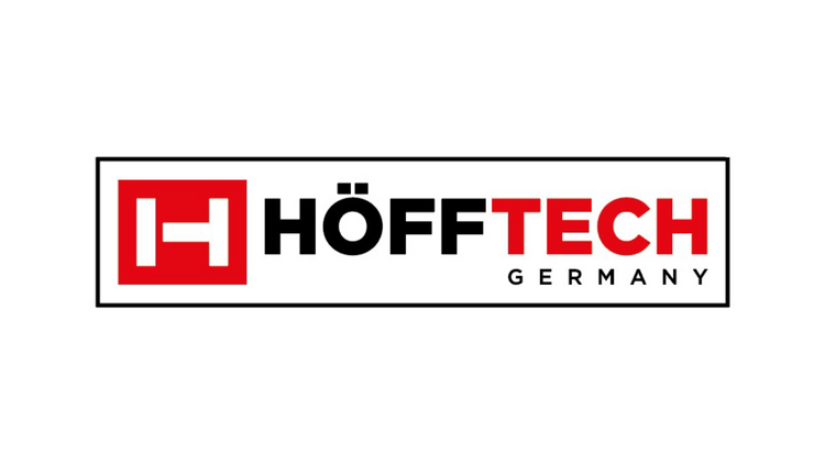 Logo der Marke HÖFFTECH: Schwarzer Schriftzug „HÖFF“ und roter Schriftzug „TECH“ auf weißem Hintergrund, links ein stilisiertes H in einem roten Quadrat.