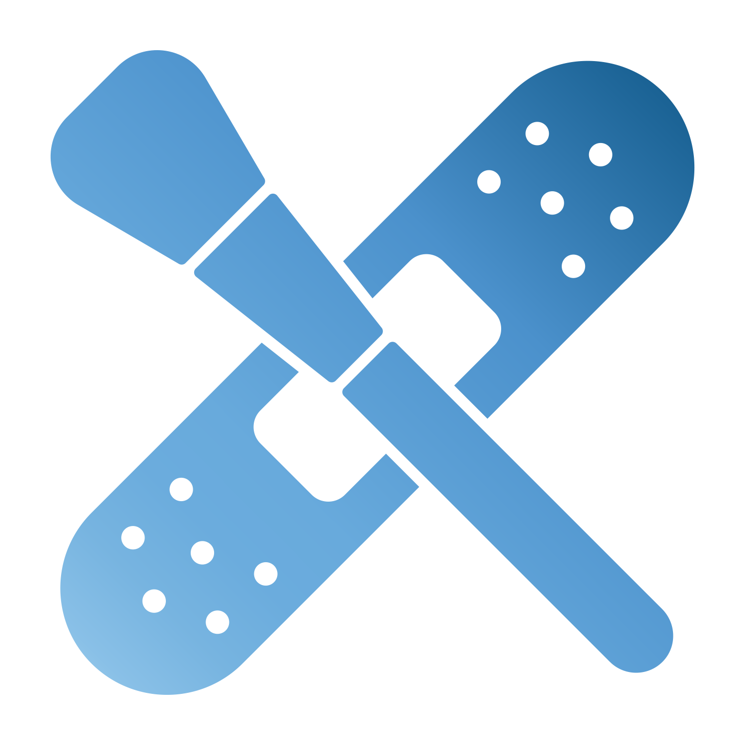 Symbolgrafik mit zwei sich überkreuzenden Objekten: einem Kosmetikpinsel und einem Pflaster mit Punktmuster, in stilisierter blauer Farbgebung dargestellt.