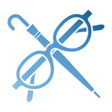 Symbolgrafik mit einer Brille und einem geschlossenen Regenschirm, die sich überkreuzen; beide Elemente in stilisierter blauer Farbgebung dargestellt.