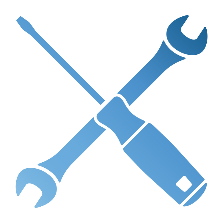 Symbolgrafik mit zwei sich überkreuzenden Werkzeugen: einem Schraubenzieher und einem Schraubenschlüssel, beide in stilisierter blauer Farbgebung dargestellt.
