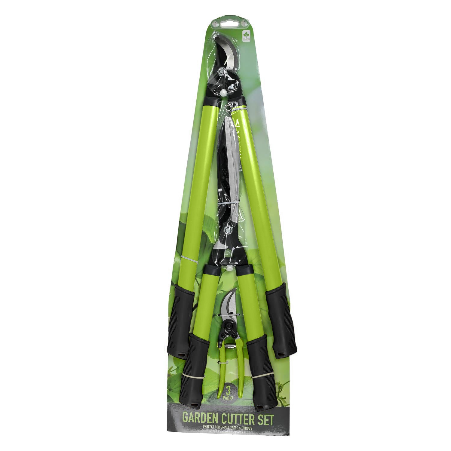 Verpacktes 3-teiliges Gartenscheren-Set mit grünen Griffen, auf Kartonträger fixiert. Sichtbar sind alle drei Werkzeuge von vorn. Hintergrund der Verpackung in Grün mit Aufschrift „Garden Cutter Set“.