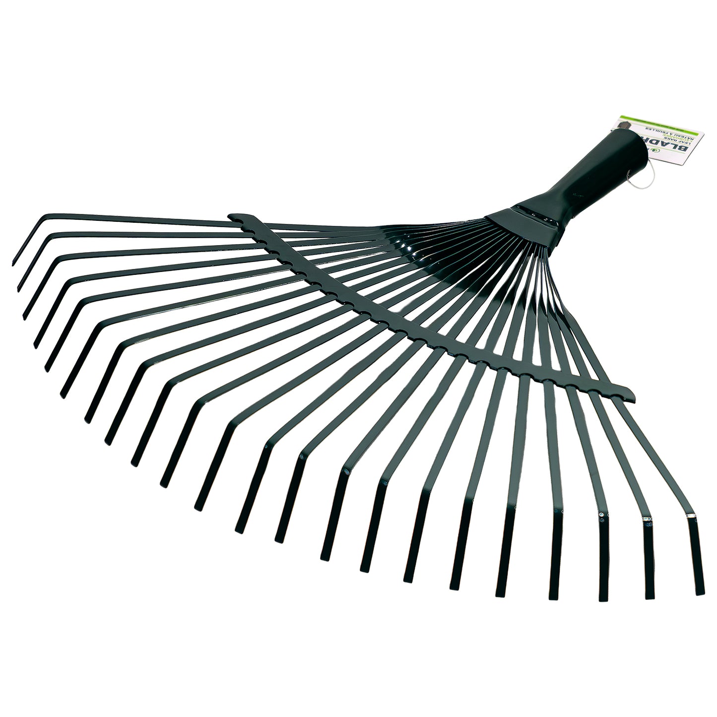 Laubbesen aus Metall mit breitem, fächerförmigem Kopf und zahlreichen gebogenen Zinken, am Griffende mit Etikett versehen.