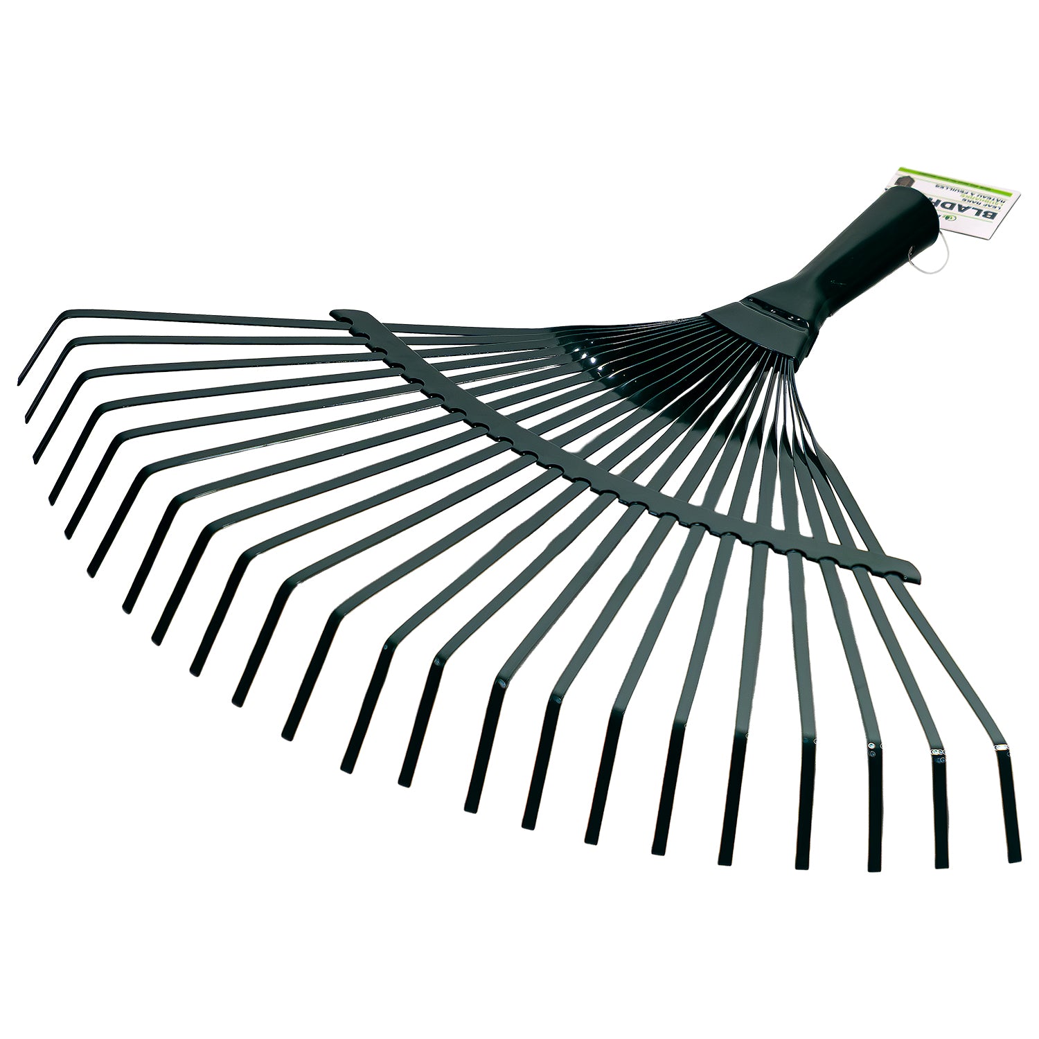 Laubbesen aus Metall mit breitem, fächerförmigem Kopf und zahlreichen gebogenen Zinken, am Griffende mit Etikett versehen.