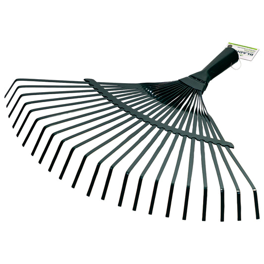 Laubbesen aus Metall mit breitem, fächerförmigem Kopf und zahlreichen gebogenen Zinken, am Griffende mit Etikett versehen.