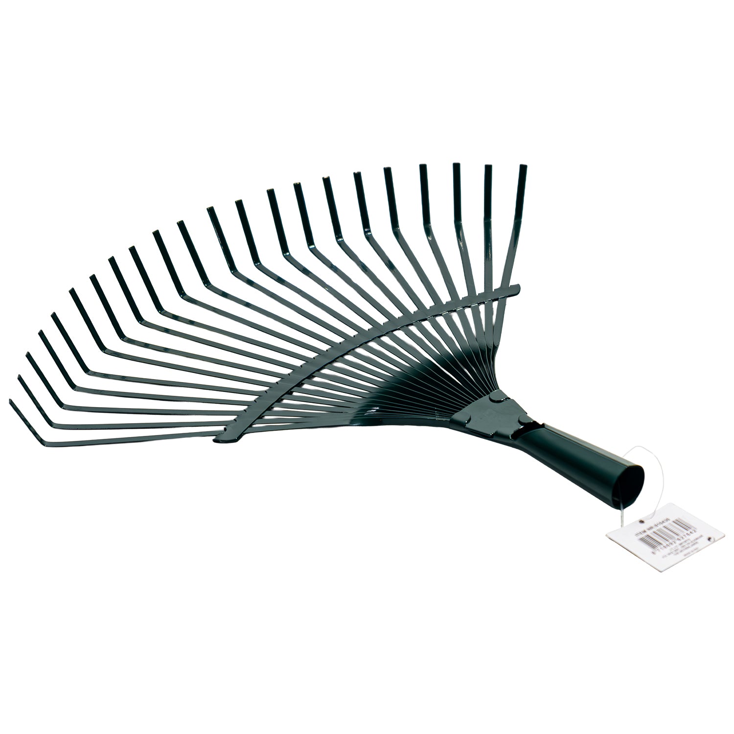 Seitliche Ansicht eines Metall-Laubbesens mit gleichmäßig angeordneten, gebogenen Zinken in Fächerform.