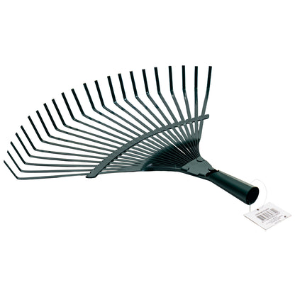 Seitliche Ansicht eines Metall-Laubbesens mit gleichmäßig angeordneten, gebogenen Zinken in Fächerform.