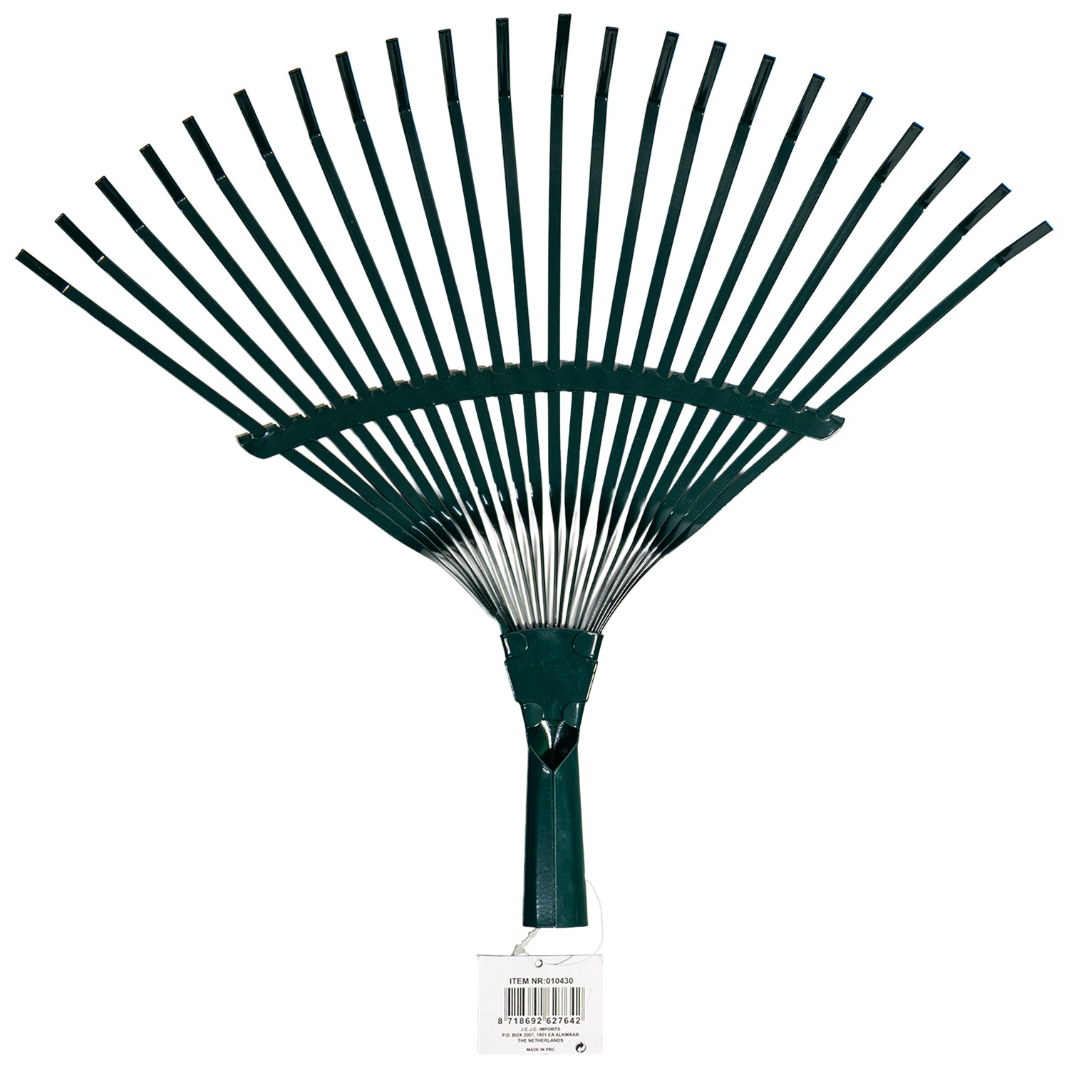 Vorderansicht des Laubbesens mit symmetrisch angeordneten Metallzinken, Etikett unten am Griff befestigt.