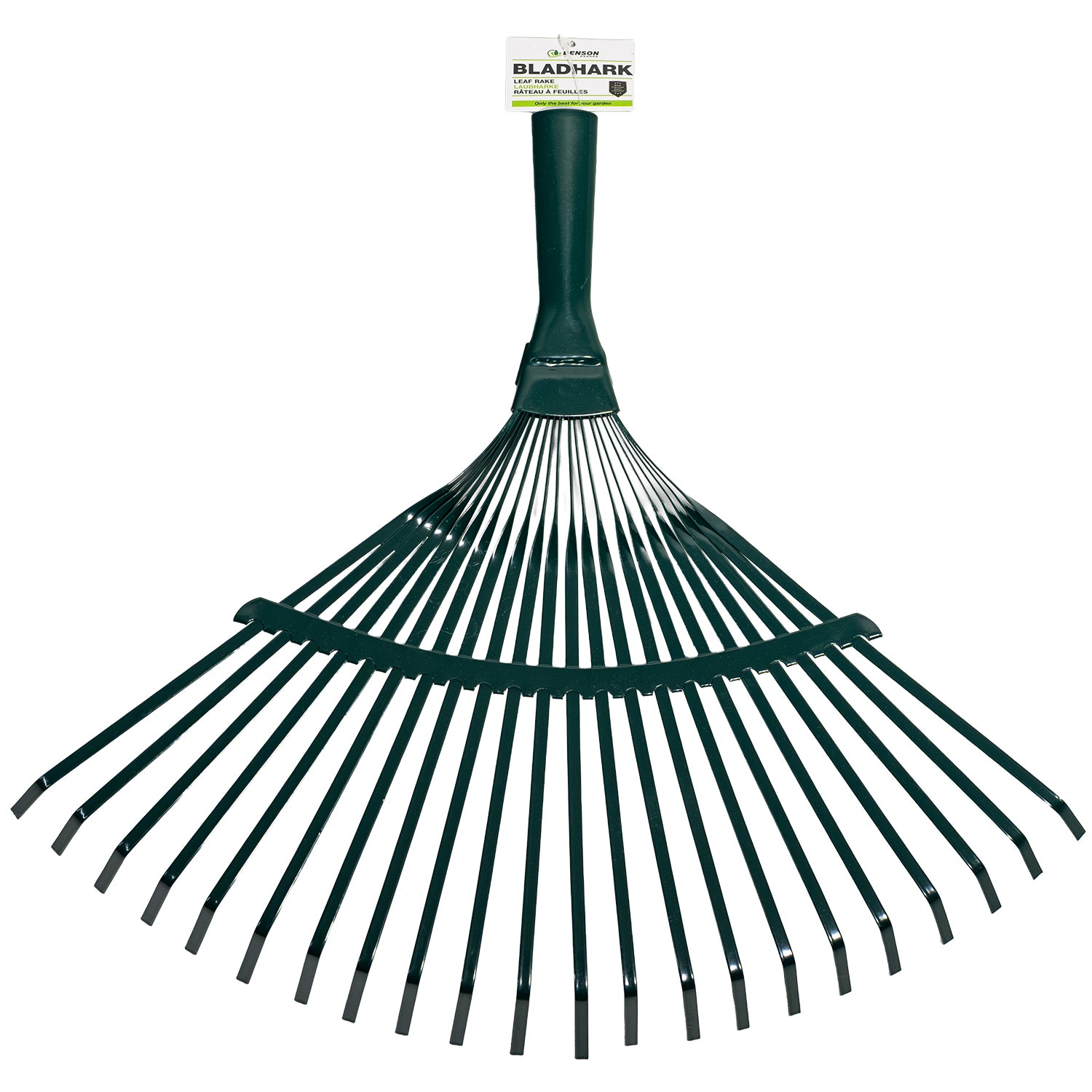 Laubbesen aus grün lackiertem Metall mit breitem, fächerförmigem Kopf und Etikett der Marke „Benson“ am Griffende.