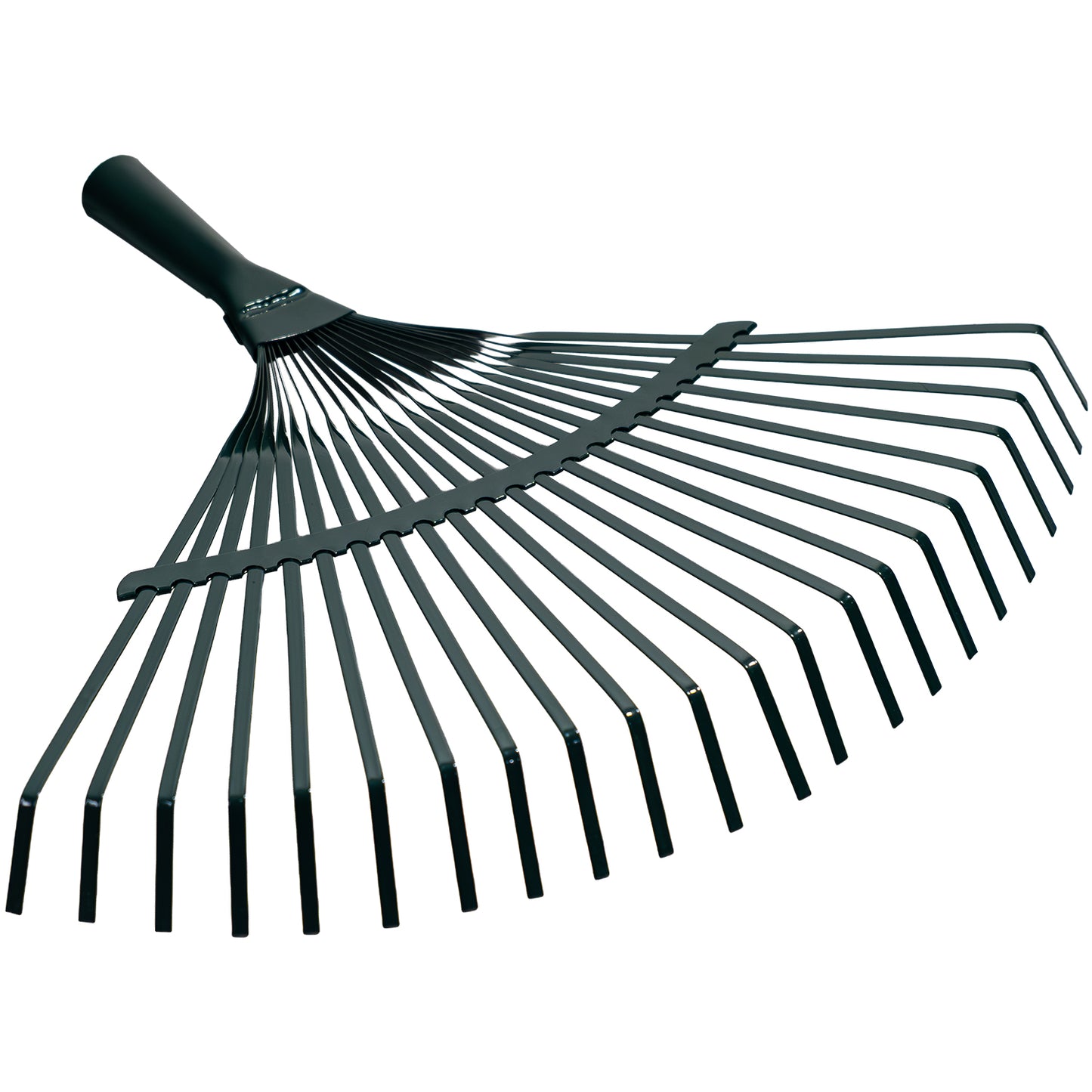 Schräg seitliche Ansicht eines Metall-Laubbesens mit gleichmäßig gebogenen Zinken und offenem Rohrstielansatz.