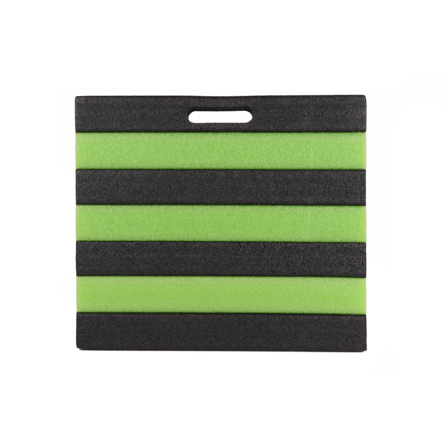 Rechteckige Kniematte mit abwechselnd schwarzen und grünen Streifen und integriertem Tragegriff oben.