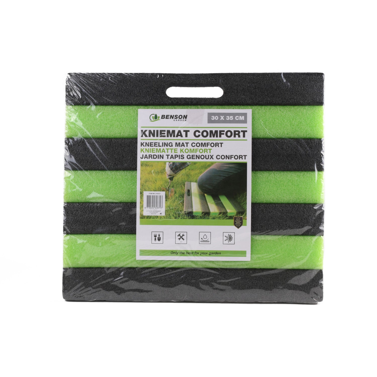 Verpackte Kniematte mit Etikett „KNIEMAT COMFORT 30 × 35 cm“, Produktabbildung und Symbolen für wetterfeste und wasserabweisende Eigenschaften.