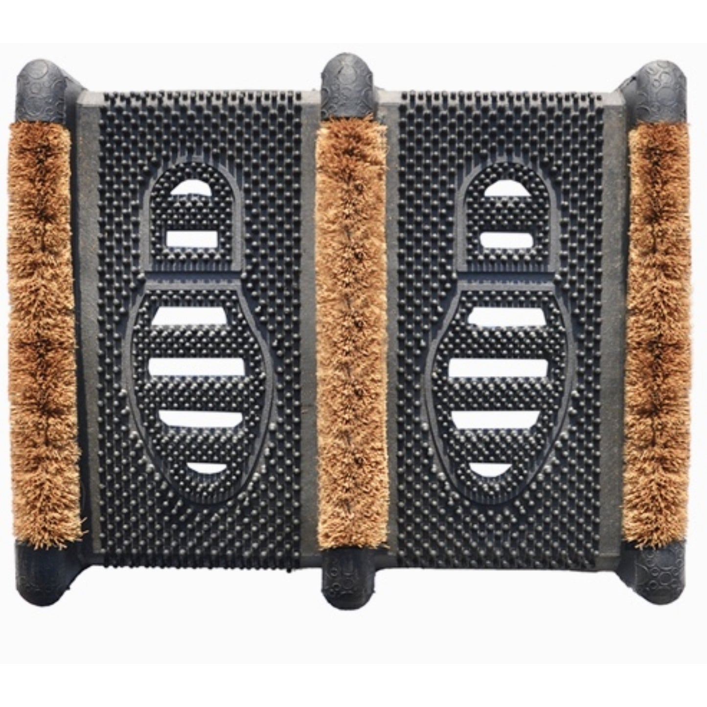 Schwarzer Schuhabstreifer mit drei braunen Bürstenleisten und genoppter Gummifläche, versehen mit geprägtem Fußabdruckmuster.