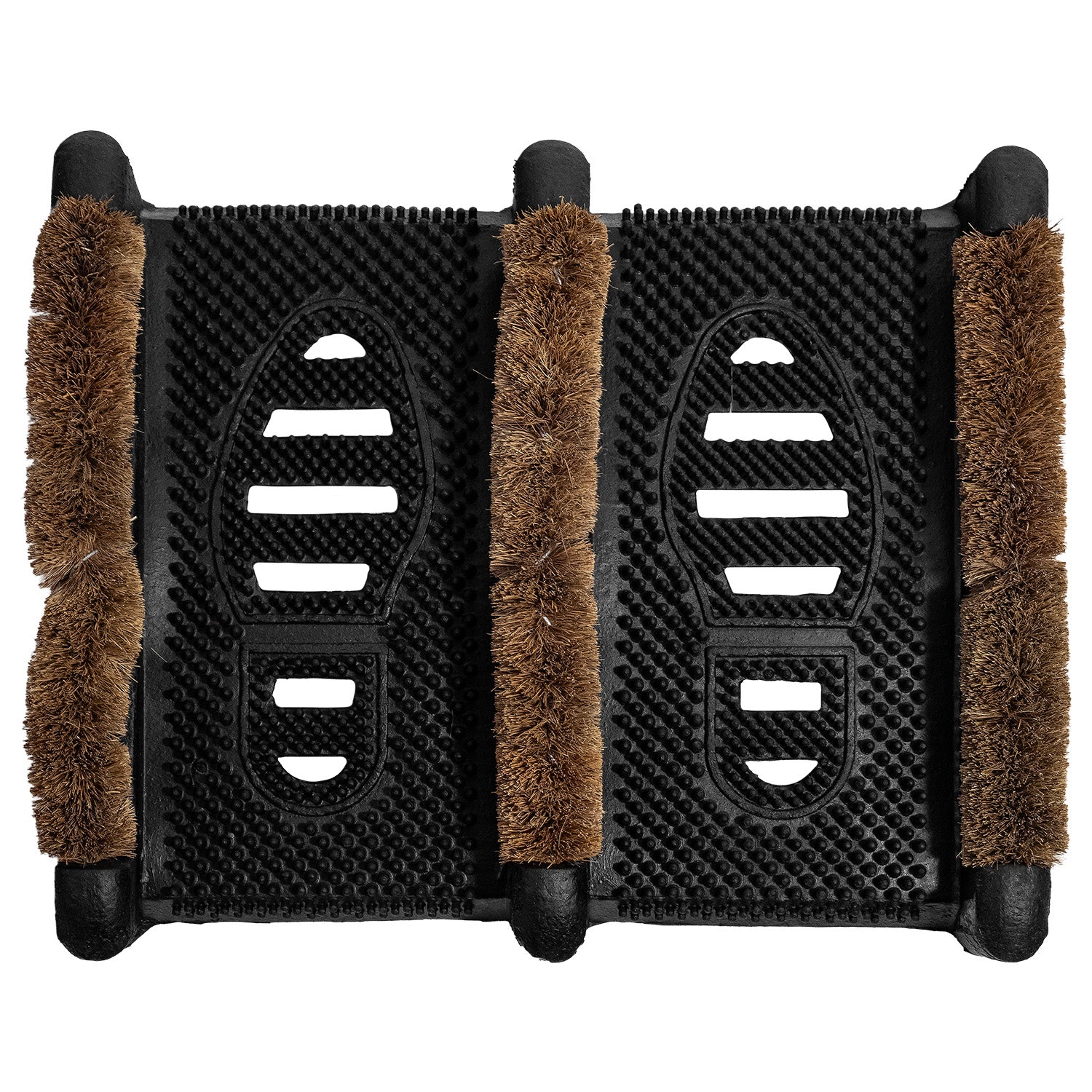 Schuhabstreifer von oben mit zwei nebeneinander angeordneten Fußabdrücken und seitlich angebrachten Bürstenreihen.