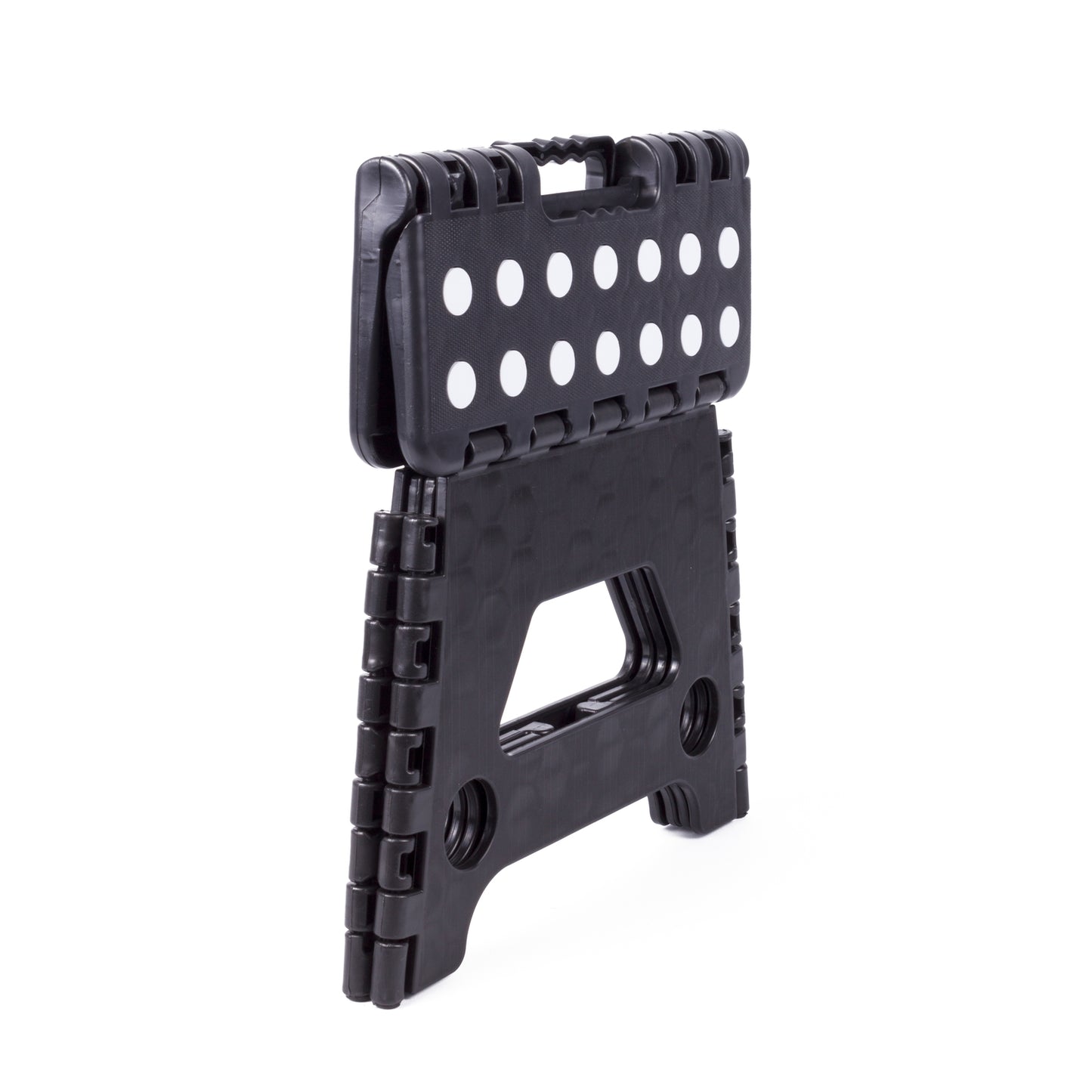 Zusammengeklappter schwarzer Klapphocker mit weiß gepunkteter Sitzfläche und Tragegriff, stehend aufrecht in Seitenansicht.