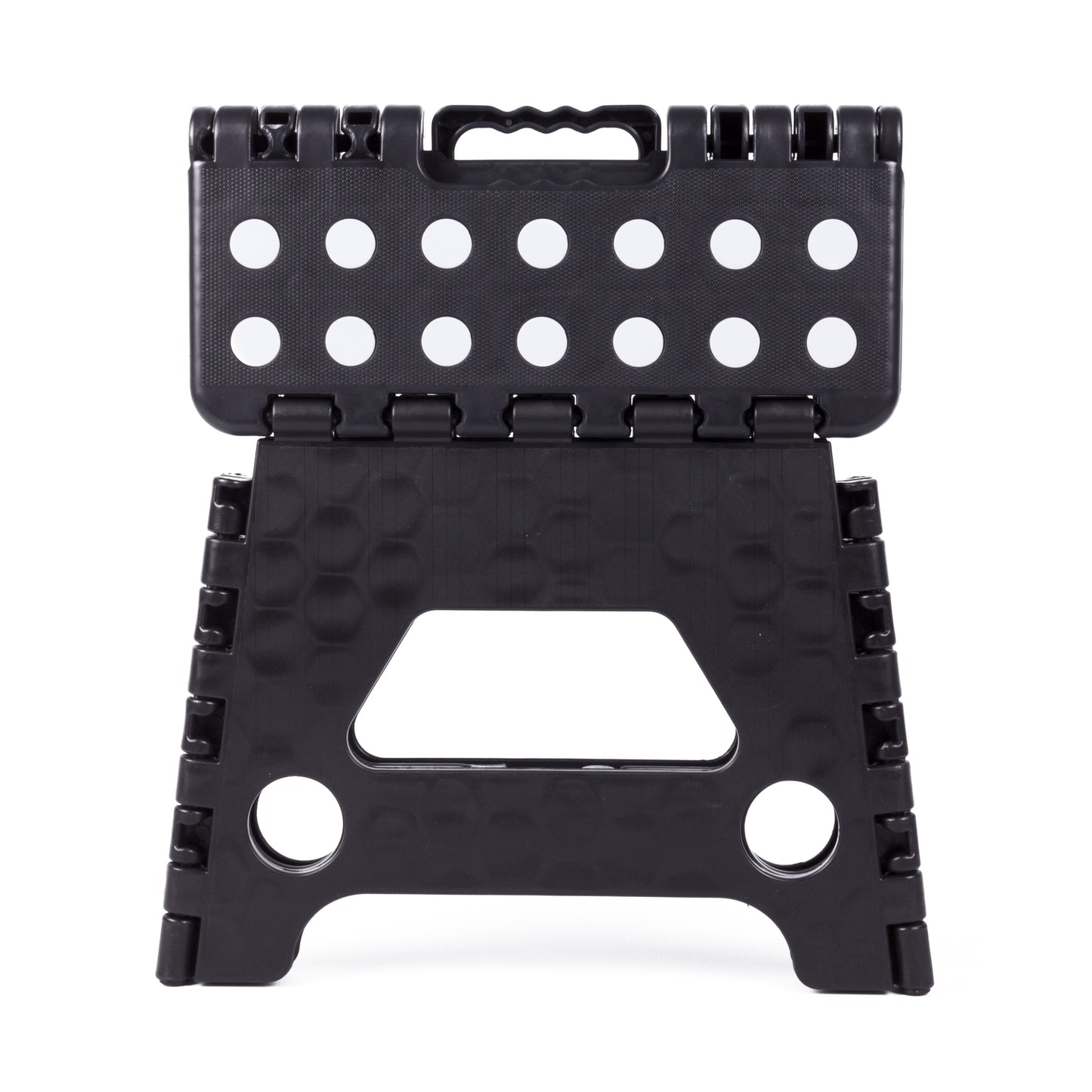 Schwarzer Klapphocker in Frontalansicht, halb geöffnet. Die Sitzfläche zeigt weiße Punkte, in der Mitte befindet sich ein Tragegriff.