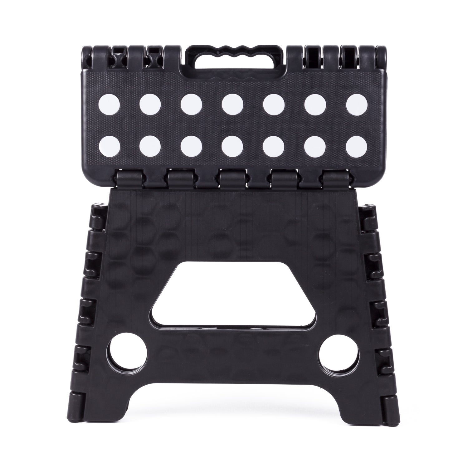 Schwarzer Klapphocker in Frontalansicht, halb geöffnet. Die Sitzfläche zeigt weiße Punkte, in der Mitte befindet sich ein Tragegriff.