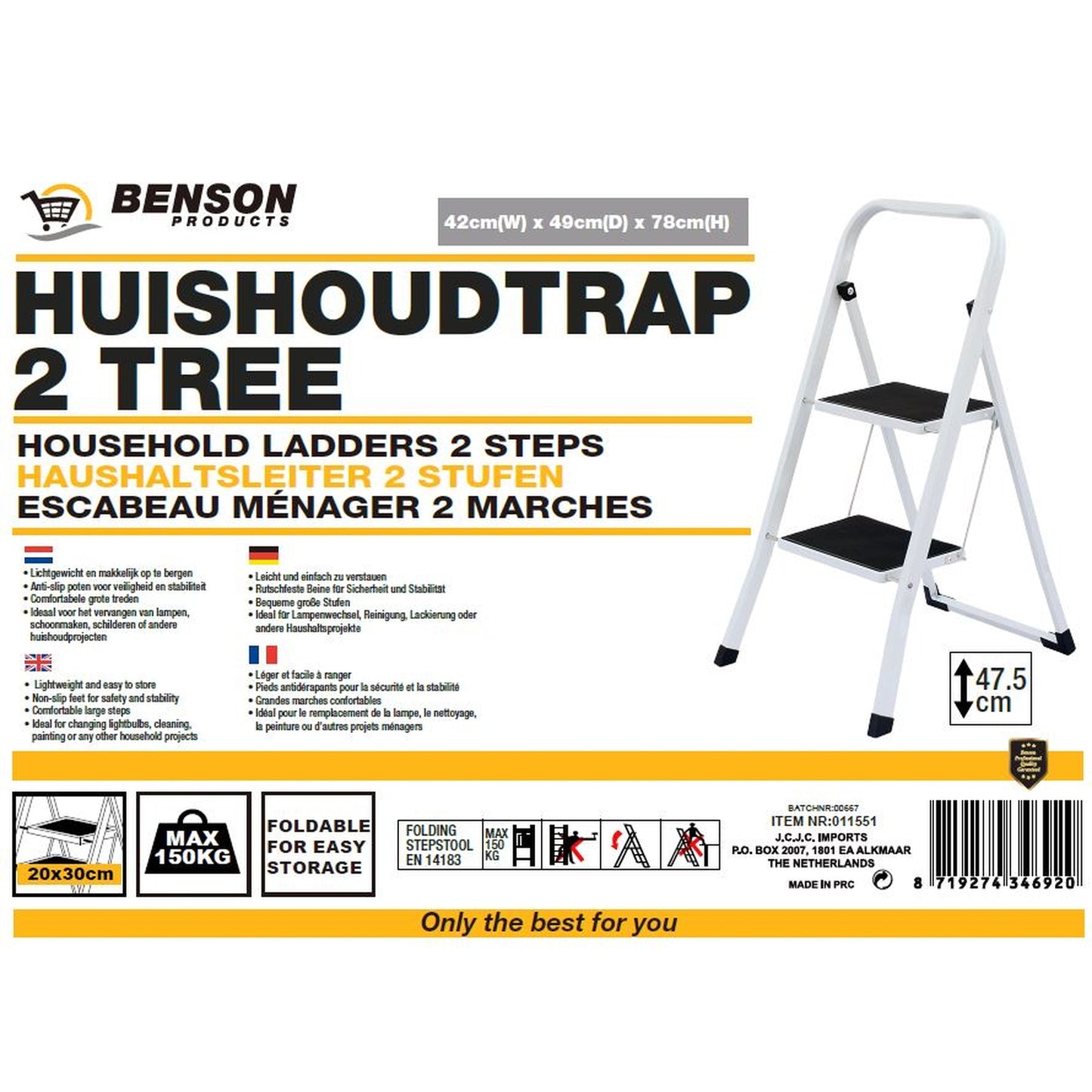 Verpackungsabbildung der weißen Klapptrittleiter mit Produktinformationen in mehreren Sprachen, inklusive Abmessungen, Tragkraft von 150 kg und Sicherheitsmerkmalen.