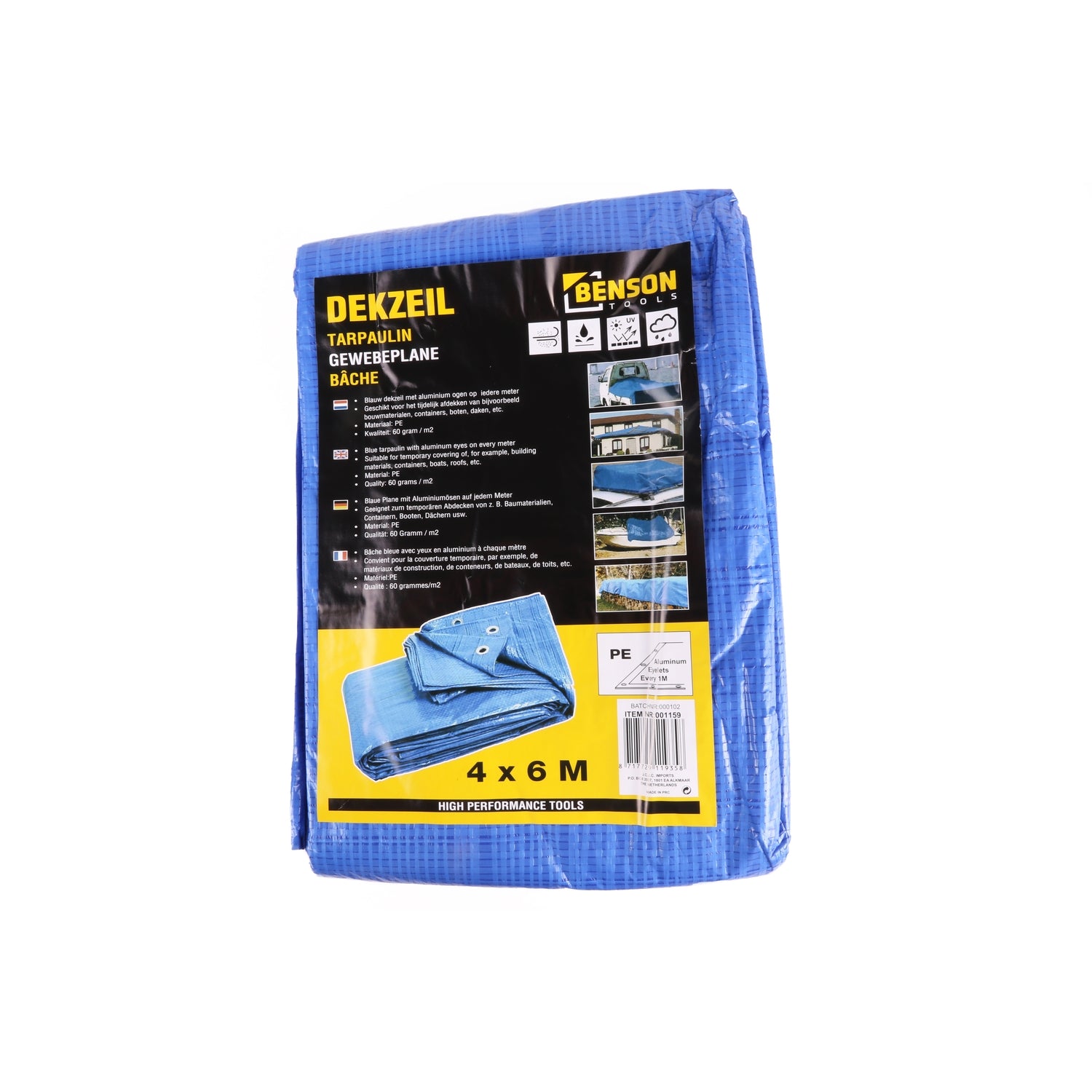 Gefaltete blaue Gewebeplane von Benson Tools mit Etikett in Schwarz-Gelb, Abmessung 4 × 6 m, Vorderseite mit Produktbeschreibung und Anwendungsfotos.