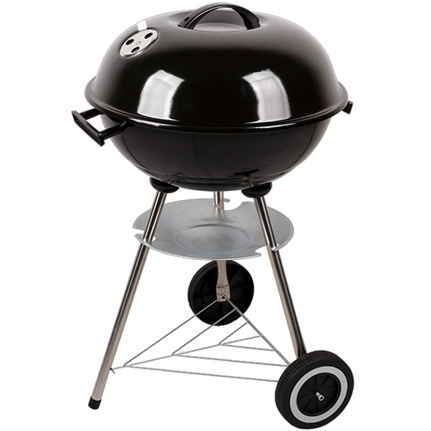 Schwarzer Kugelgrill mit Deckel, seitlichen Griffen, silbernen Beinen und zwei schwarzen Rädern. Unterhalb befindet sich eine runde Ascheauffangschale. Der Grill steht auf hellem, neutralem Hintergrund.