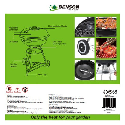 Rückseite der Verpackung eines Kugelgrills mit technischer Zeichnung, Funktionsbeschriftungen und Detailfotos. Text in mehreren Sprachen erklärt Sicherheitshinweise und Produkteigenschaften.
