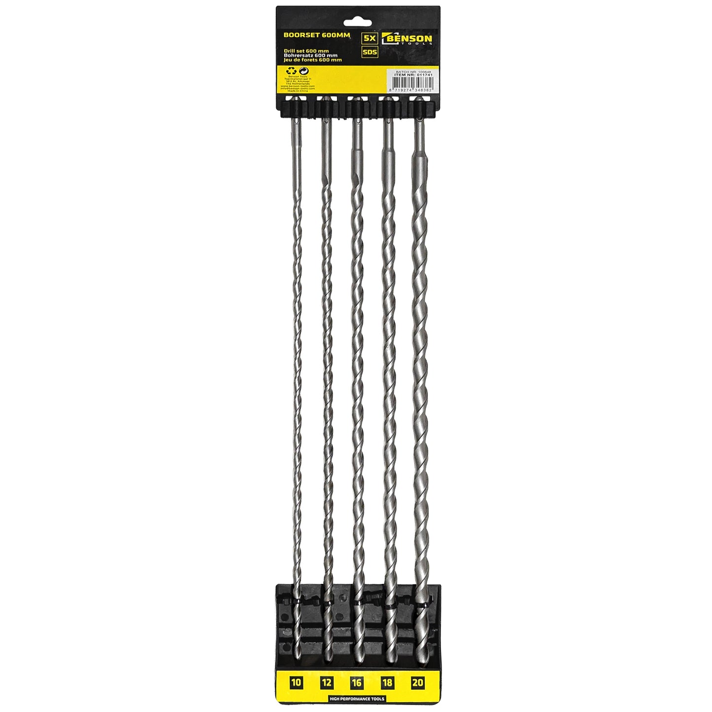 Fünfteiliges Set langer Spiralbohrer in Halterung mit gelb-schwarzem Etikett und Größenangabe 10, 12, 16, 18 und 20 mm, alle Bohrer in vertikaler Anordnung.