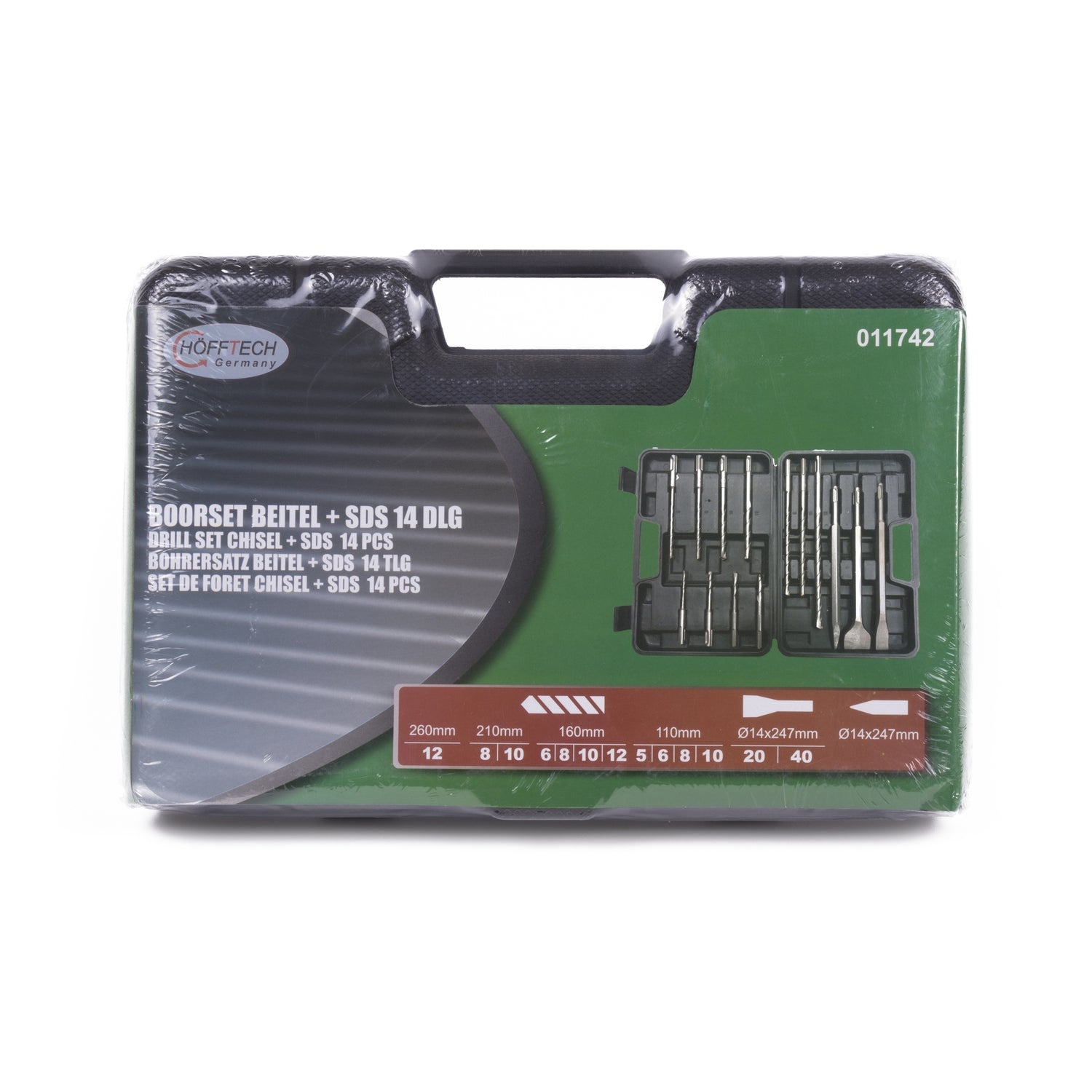 Geschlossener grüner Kunststoffkoffer in Folie verpackt, mit Aufdruck „Boorset Beitel + SDS 14 DLG“ und Abbildung des geöffneten Inhalts.