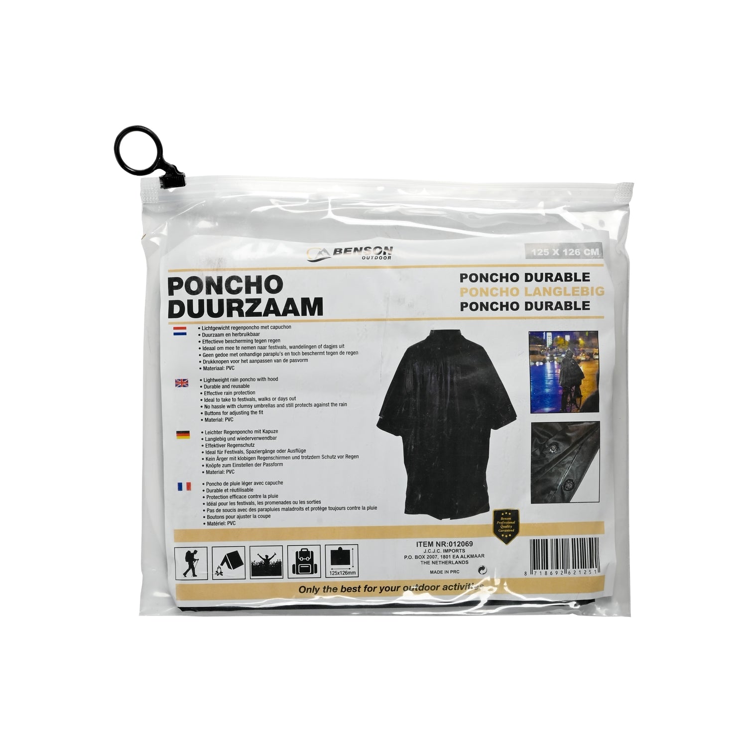 Verpackung eines schwarzen Regenponchos mit Produktinformationen in mehreren Sprachen, Produktfoto und Anwendungsbildern auf der Vorderseite.