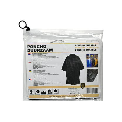 Verpackung eines schwarzen Regenponchos mit Produktinformationen in mehreren Sprachen, Produktfoto und Anwendungsbildern auf der Vorderseite.