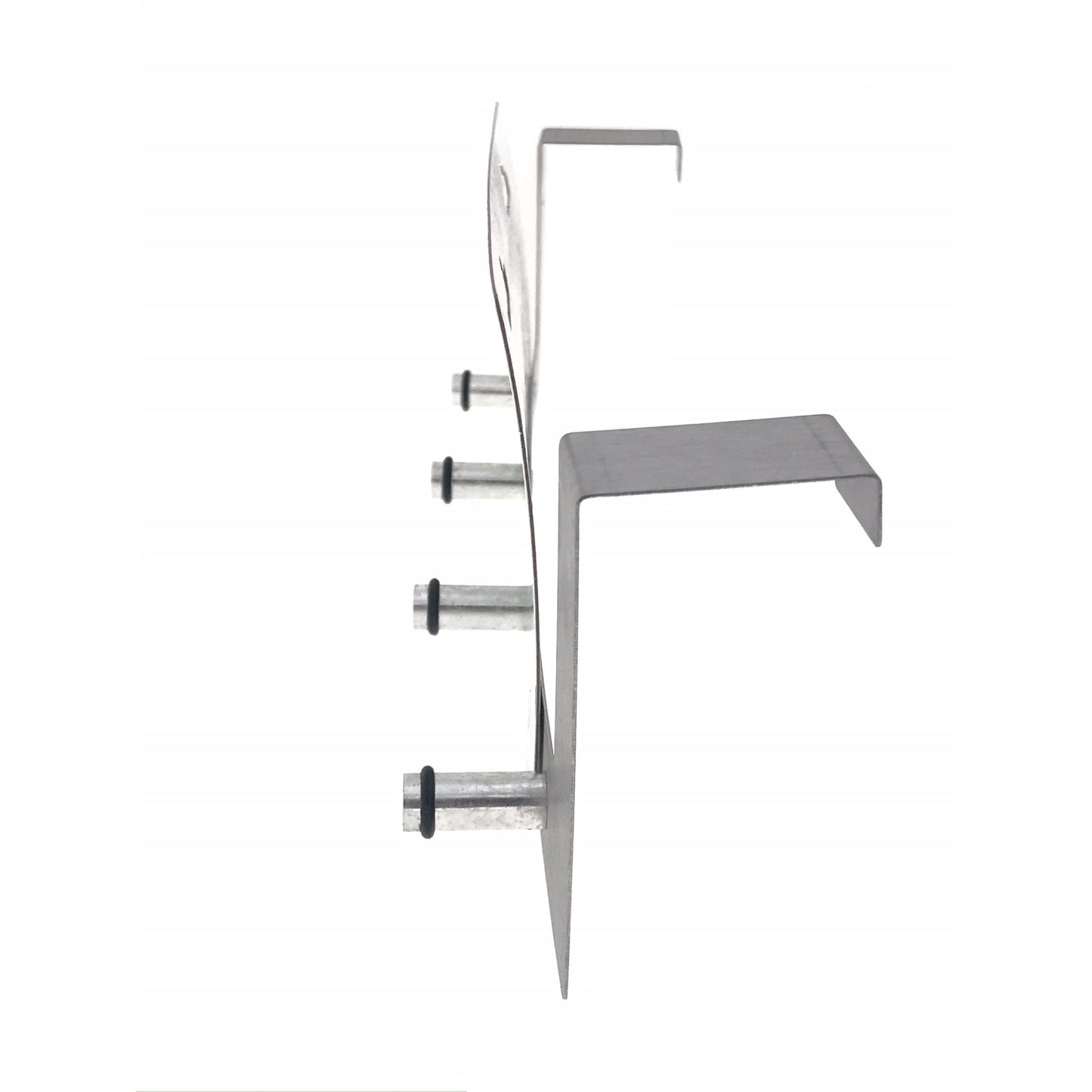 Seitenansicht einer Türgarderobe aus Edelstahl mit vier Haken, die beiden Aufhängehaken und die Hakenstifte sind seitlich sichtbar.