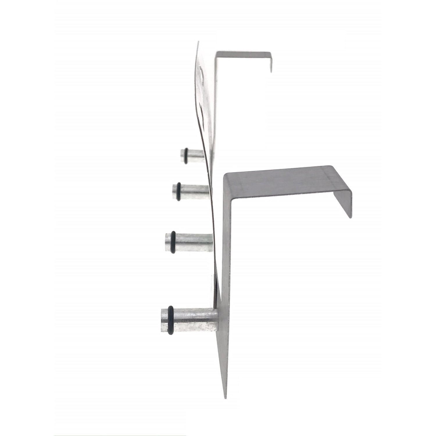 Seitenansicht einer Türgarderobe aus Edelstahl mit vier Haken, die beiden Aufhängehaken und die Hakenstifte sind seitlich sichtbar.