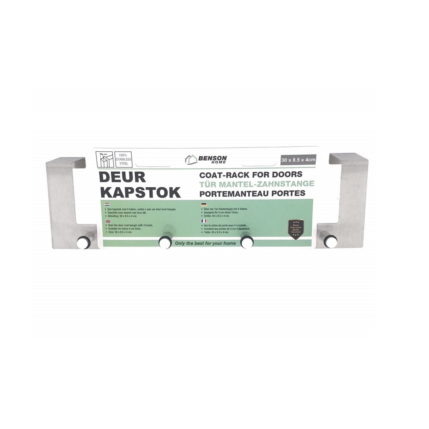 Produktfoto der Edelstahl-Türgarderobe mit Verpackungseinleger, Vorderseite mit Aufschrift in mehreren Sprachen.