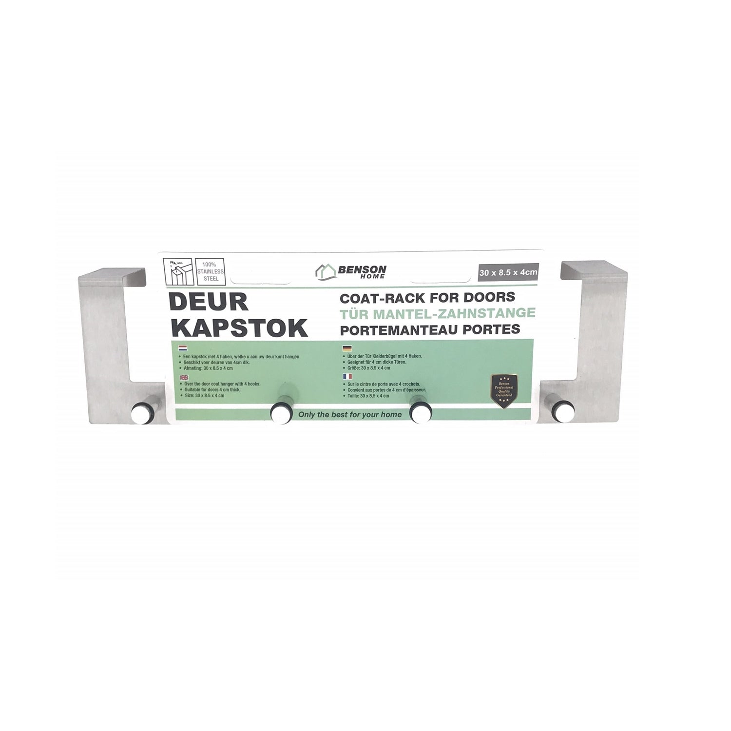 Produktfoto der Edelstahl-Türgarderobe mit Verpackungseinleger, Vorderseite mit Aufschrift in mehreren Sprachen.