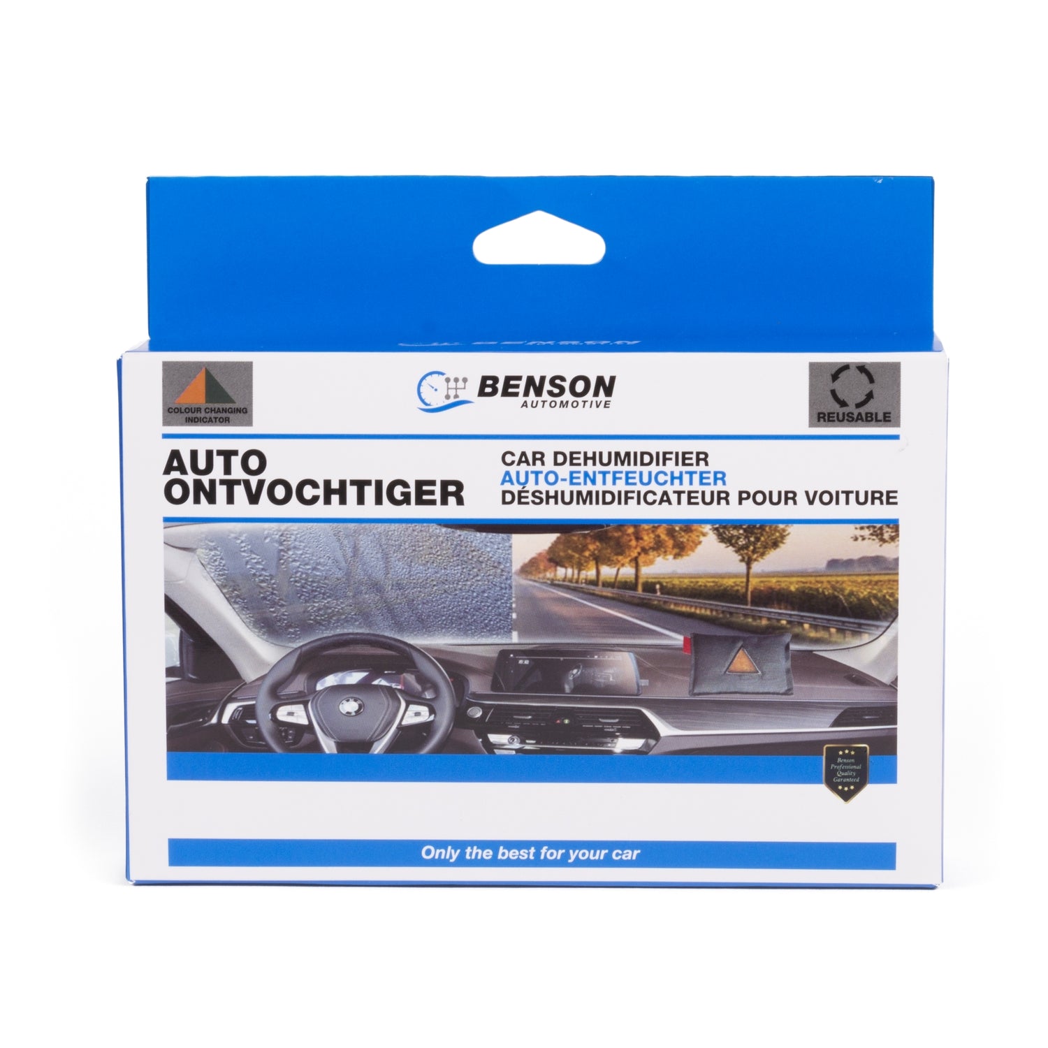Verpackung des Auto-Entfeuchters mit Produktabbildung im Auto-Innenraum und Beschriftung „Benson Automotive – Auto Ontvochtiger – Car Dehumidifier“.