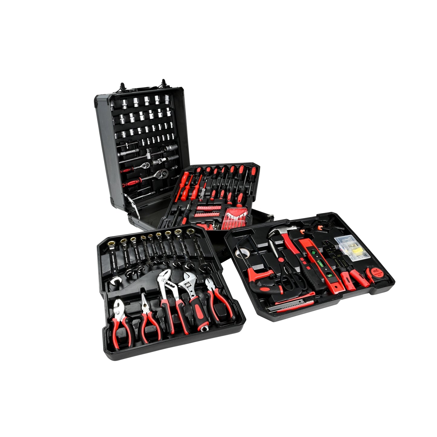 Geöffneter silberner Werkzeugkoffer mit mehreren herausnehmbaren Fächern, die verschiedene Handwerkzeuge in Rot und Schwarz enthalten.