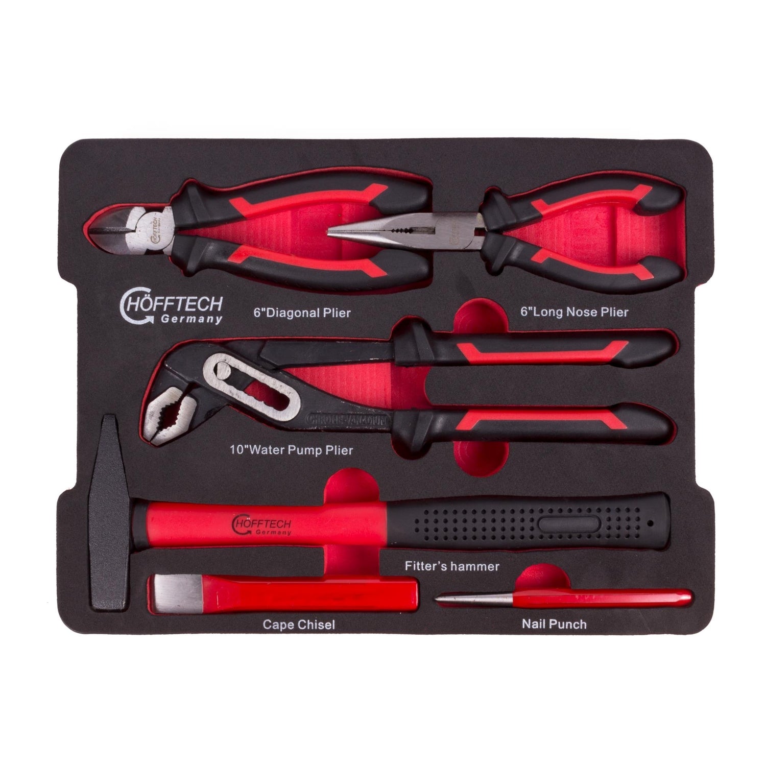 Einsatz mit Zangen, Hammer, Meißel und Körner, alle Werkzeuge mit rot-schwarzen Griffen in passgenauer Halterung.